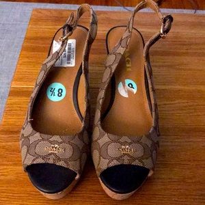 Size 8.5: Beige Coach Ferry Peep Toe Wedge Sandals - lightly worn